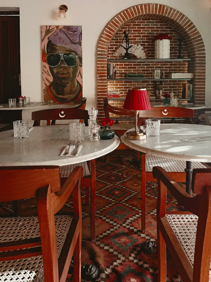 The dining room under the brick arch